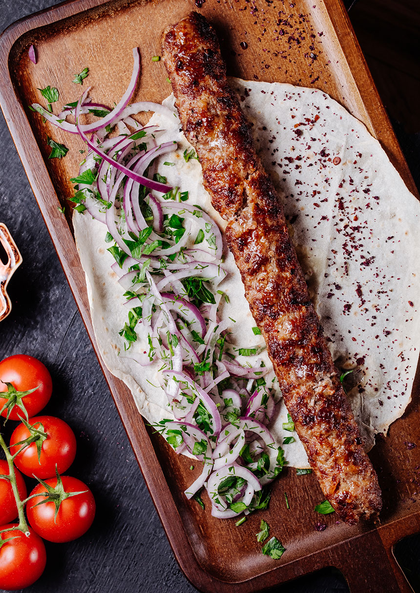 turkish kebab lavash bread with onion green-salad